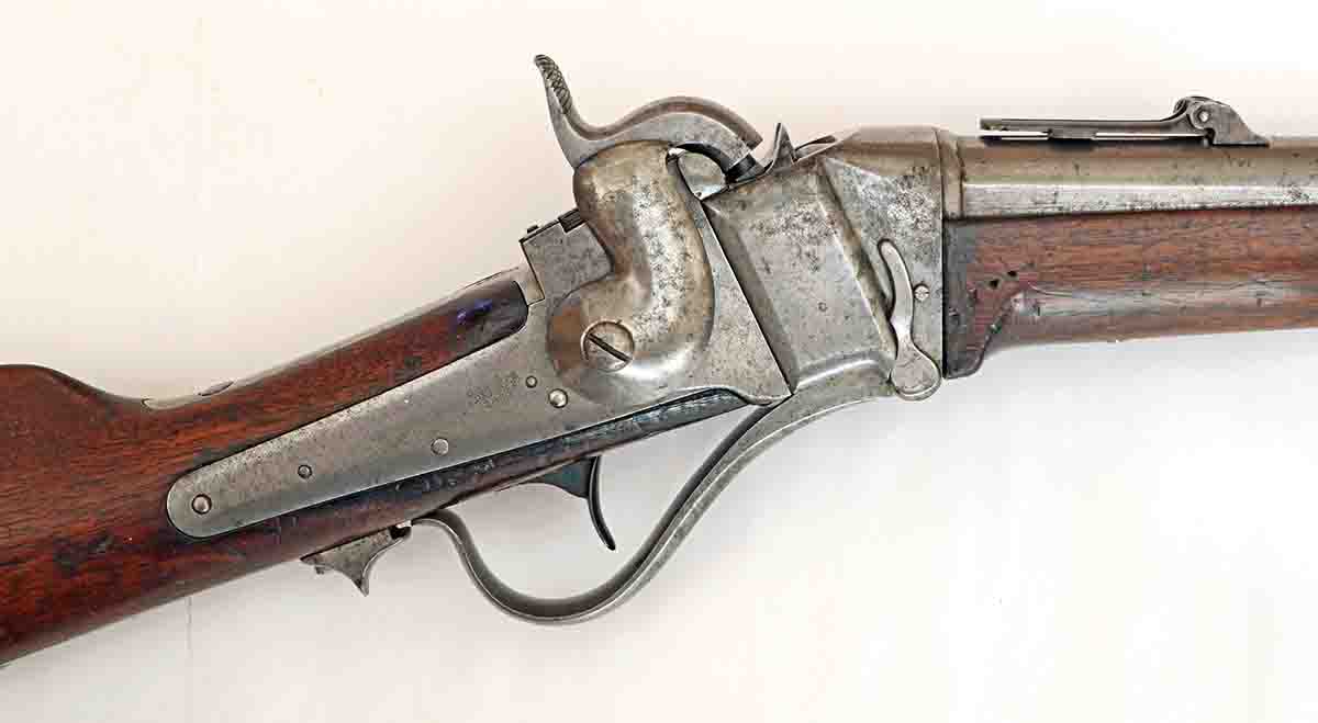 Receiver of the test gun, serial number 14,737. The slant of the breechblock can be clearly seen. This model used either the Sharps primers, or standard musket caps.